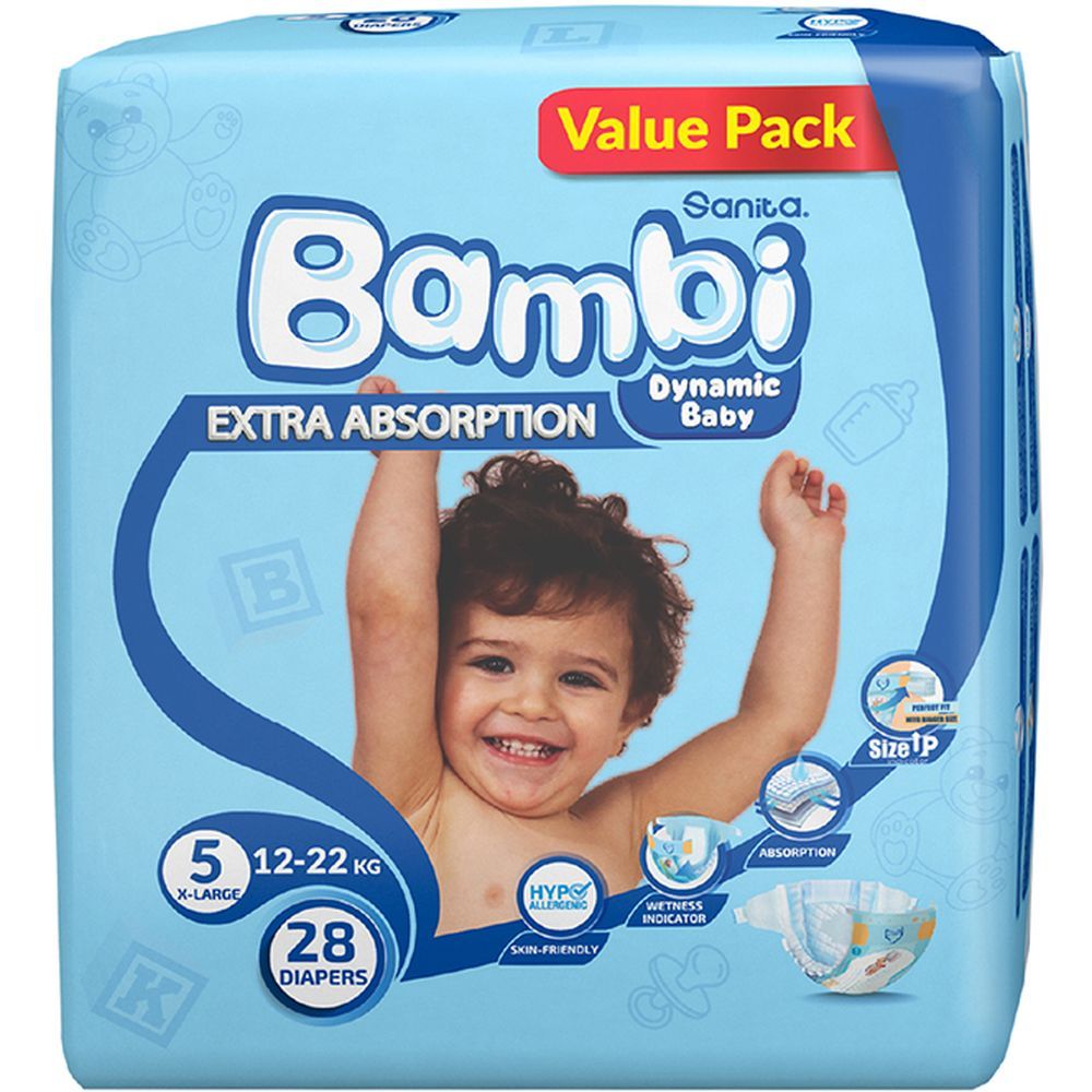 Sanita Bambi Baby Diapers Value,X-Large,12-22KG, 28Count