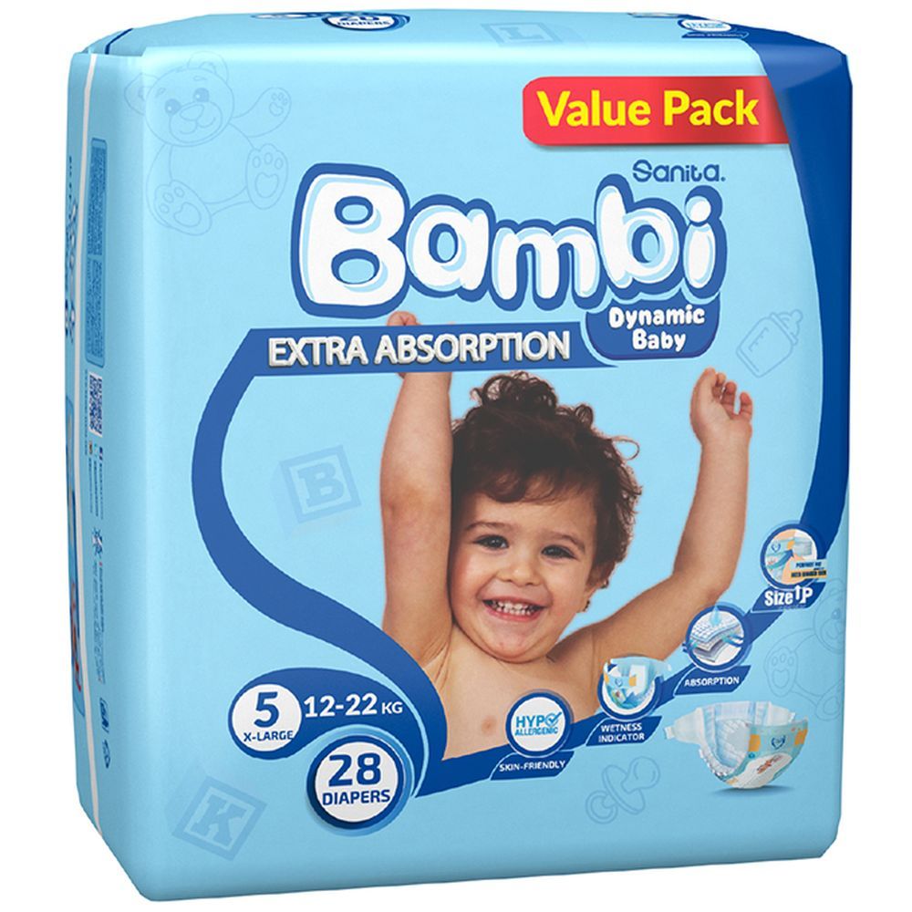 Sanita Bambi Baby Diapers Value,X-Large,12-22KG, 28Count