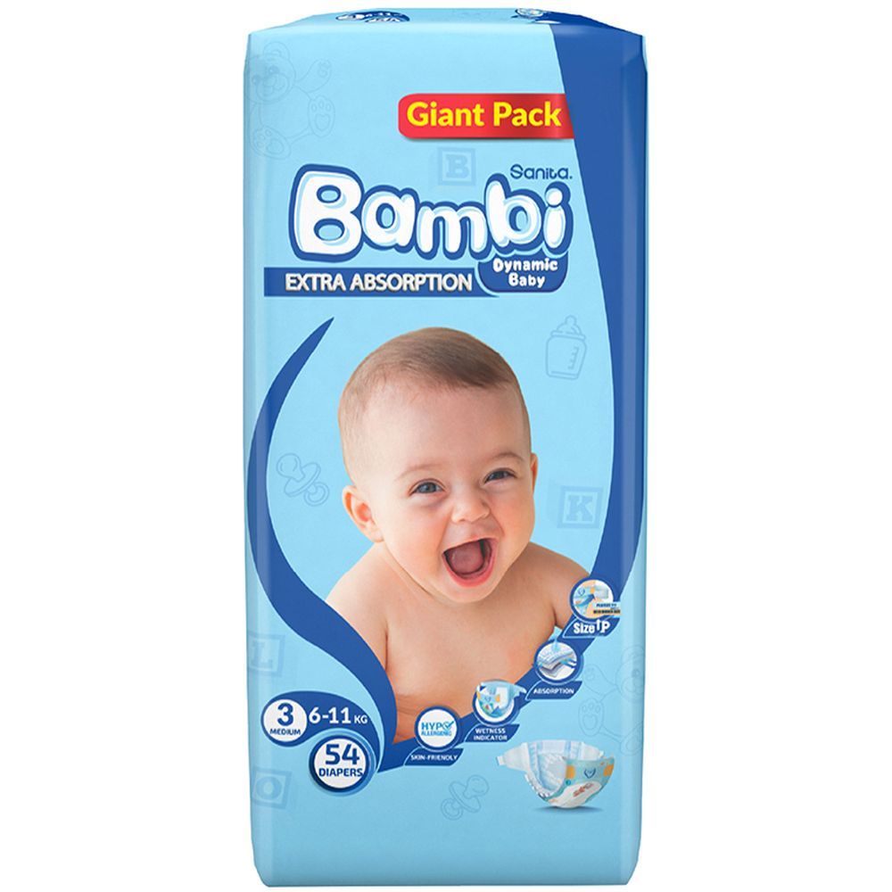 Sanita Bambi Baby Diapers Giant,Medium,6-11KG,54Count