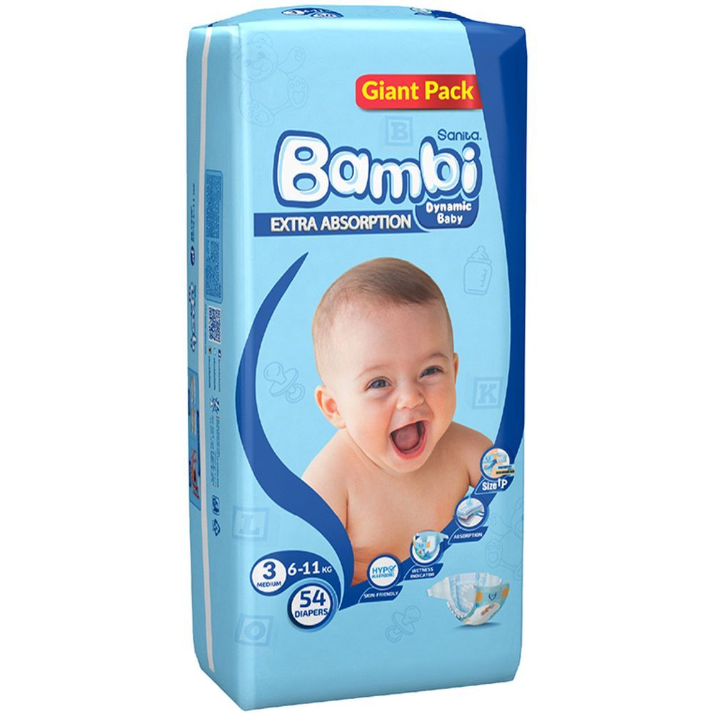 Sanita Bambi Baby Diapers Giant,Medium,6-11KG,54Count