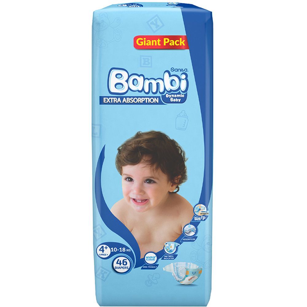 Sanita Bambi Baby Diapers Giant,Large+,10-18KG,46Count