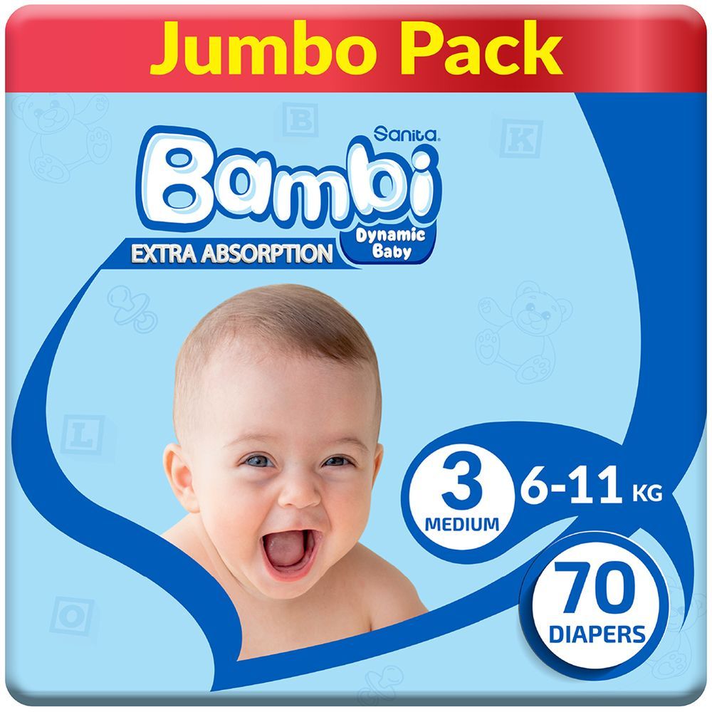 Sanita Bambi Baby Diapers Jumbo,Medium,6-11KG,70Count