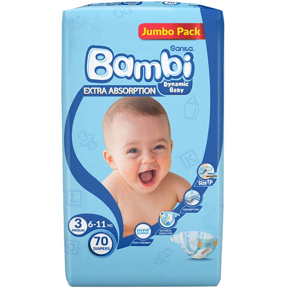 Sanita Bambi Baby Diapers Jumbo,Medium,6-11KG,70Count