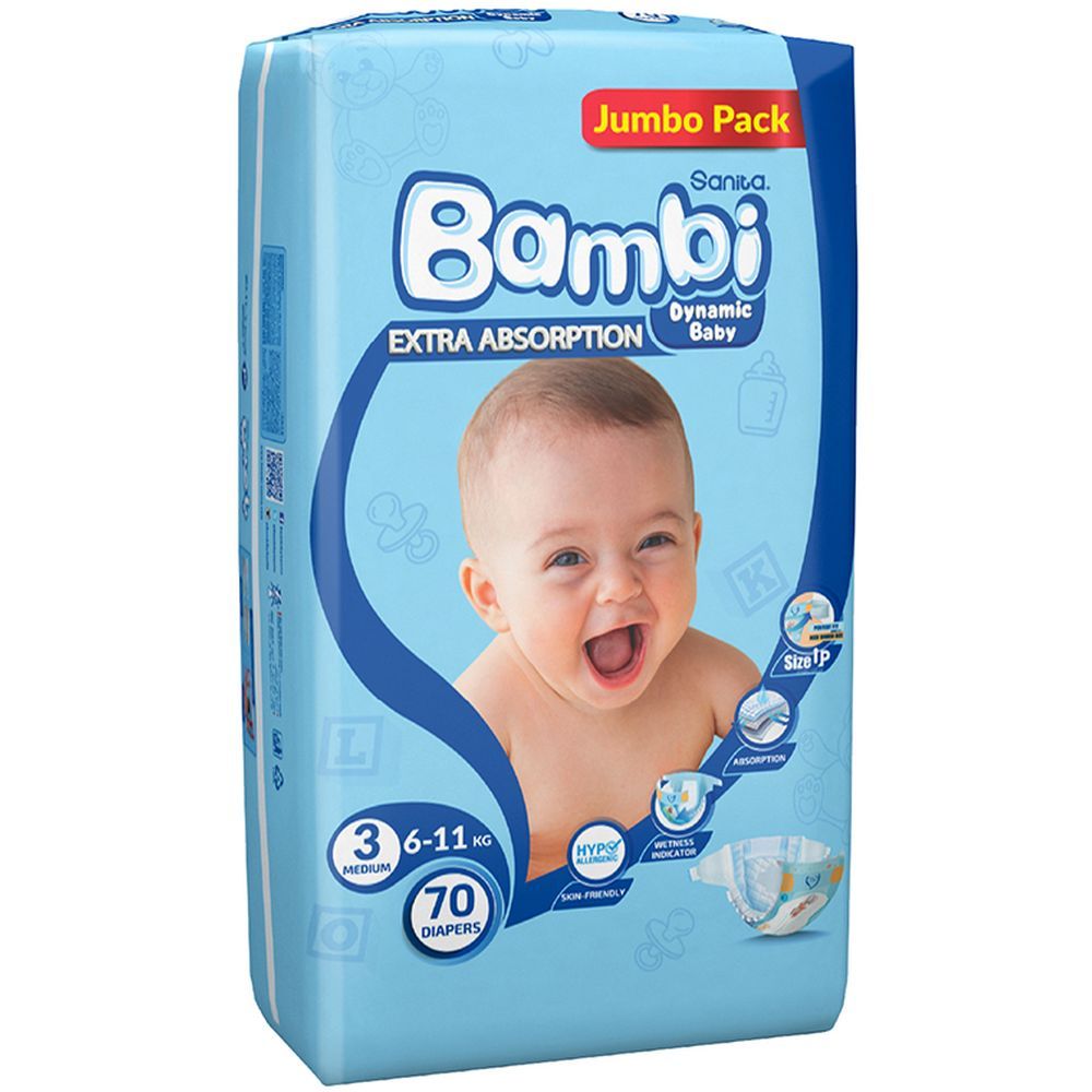 Sanita Bambi Baby Diapers Jumbo,Medium,6-11KG,70Count