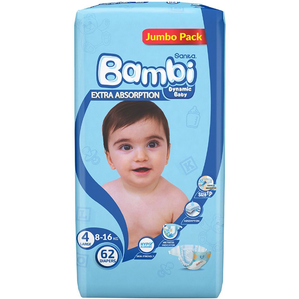 Sanita Bambi Baby Diapers Jumbo,Large,8-16KG,62Count