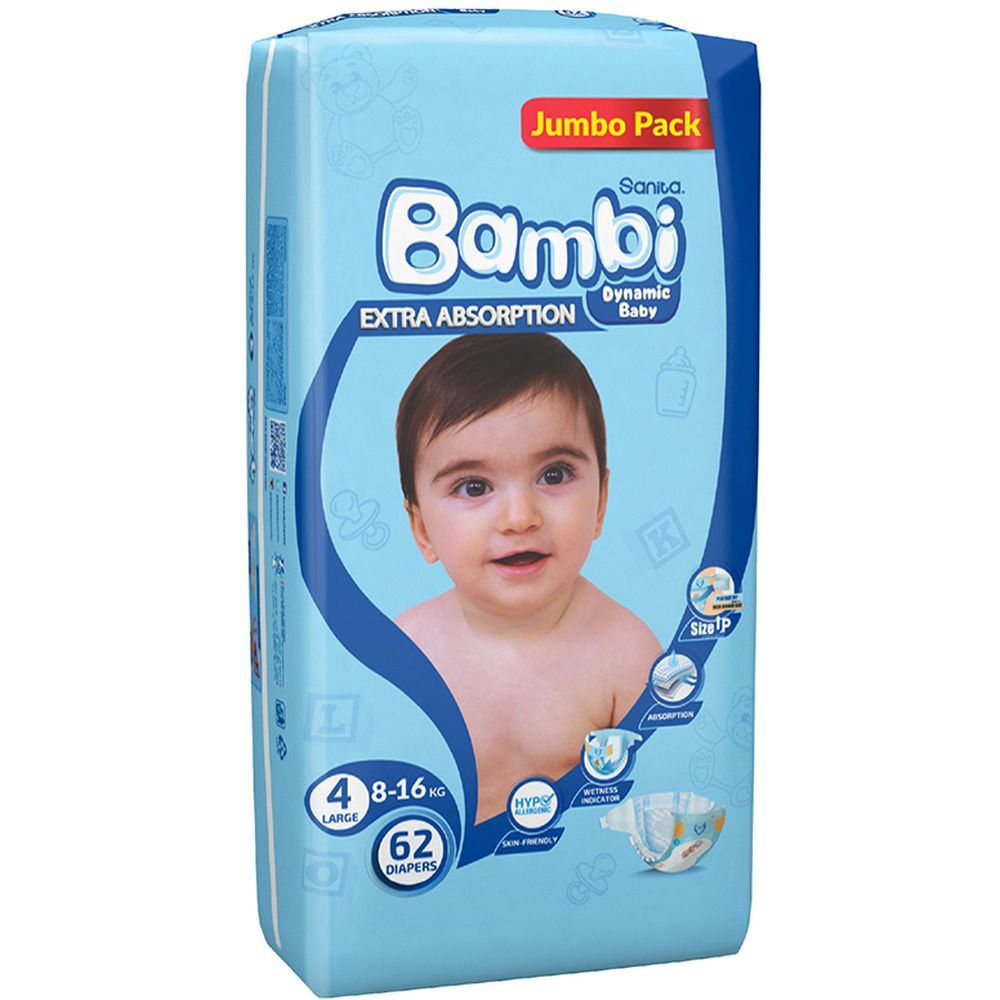 Sanita Bambi Baby Diapers Jumbo,Large,8-16KG,62Count