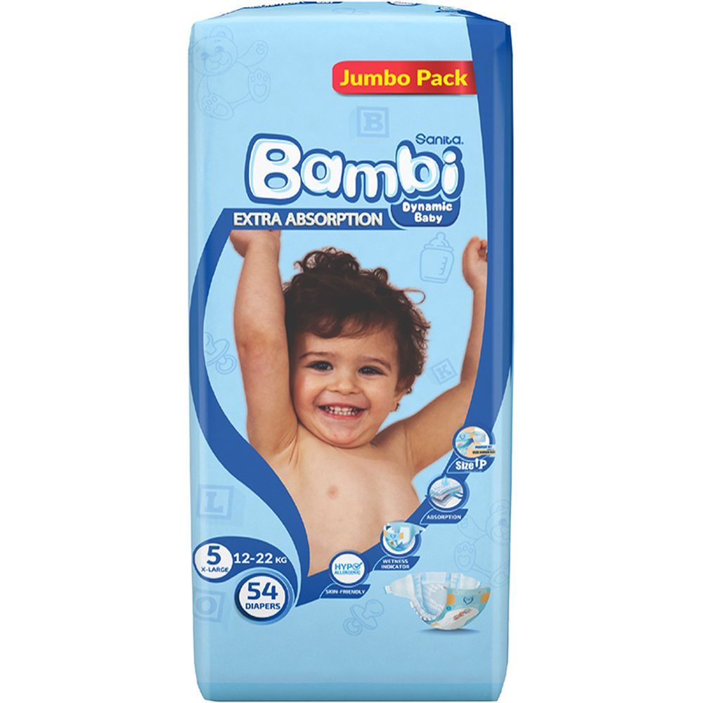 Sanita Bambi Baby Diapers Jumbo,X-Large,12-22KG,54Count