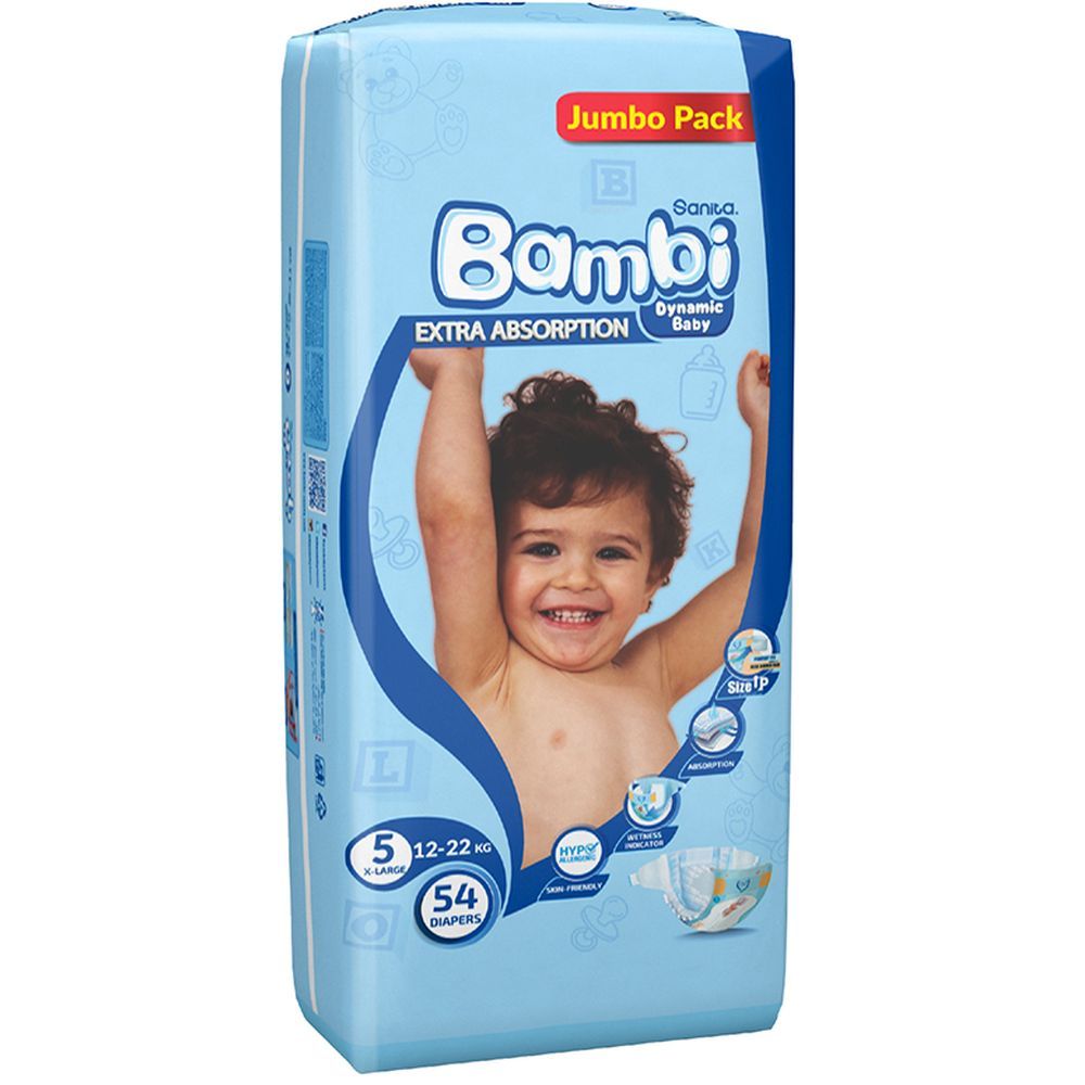 Sanita Bambi Baby Diapers Jumbo,X-Large,12-22KG,54Count