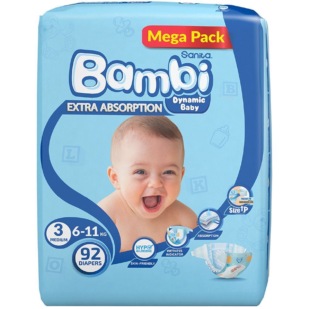 Sanita Bambi - Baby Diapers Mega - Size 3 Medium - 6-11KG - 92Count - Packaging May Vary