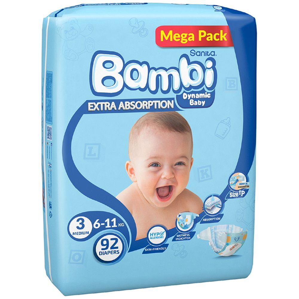 Sanita Bambi - Baby Diapers Mega - Size 3 Medium - 6-11KG - 92Count - Packaging May Vary