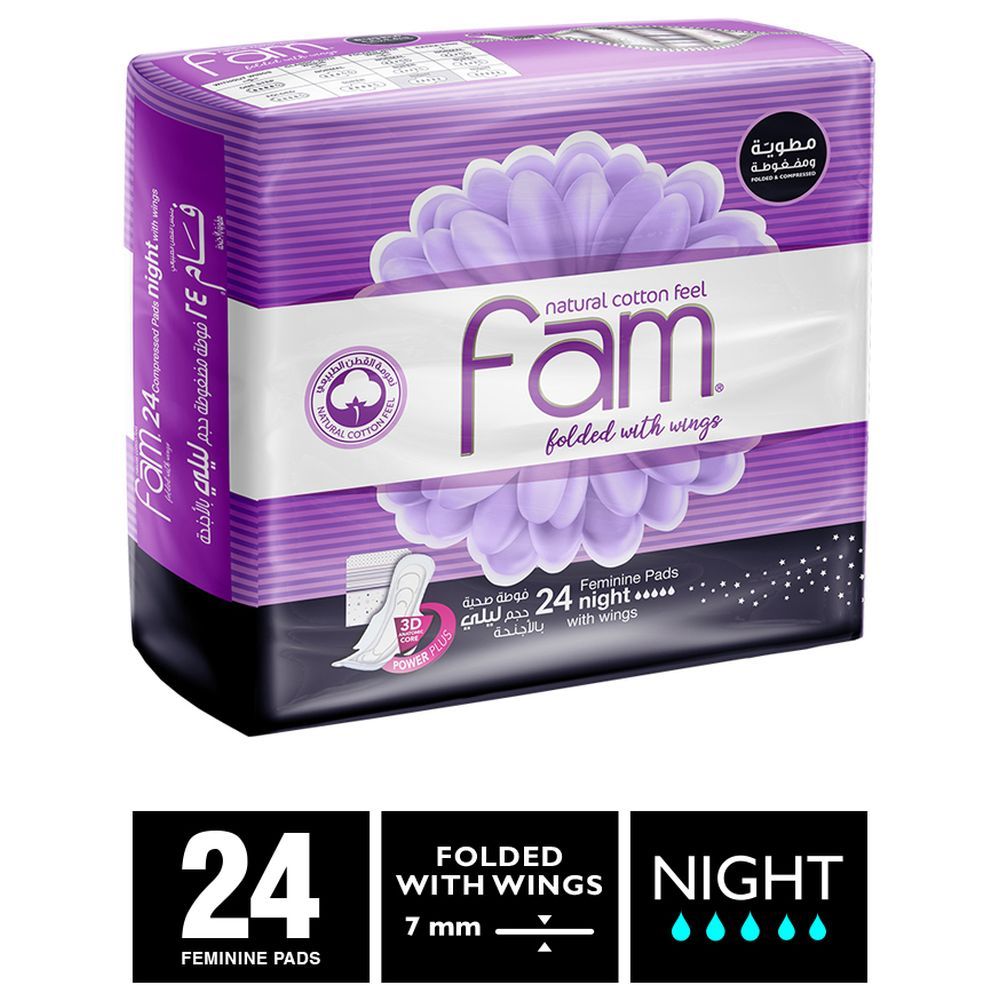 Fam Maxi Thick Folded w/ Wings Night Sanitary Pads 24 Pads