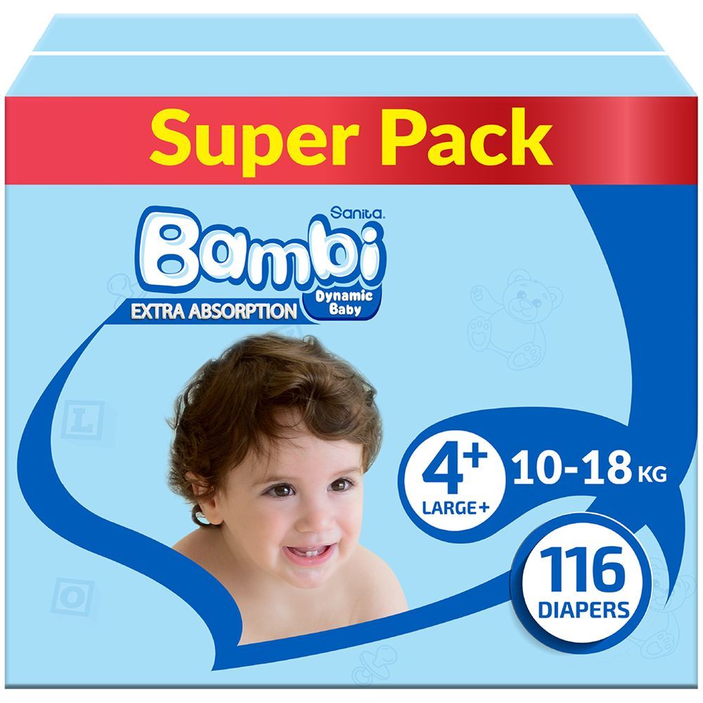 Sanita Bambi - Baby Diapers Super Pack Size 4+ Large plus 10-18 KG 116 Count