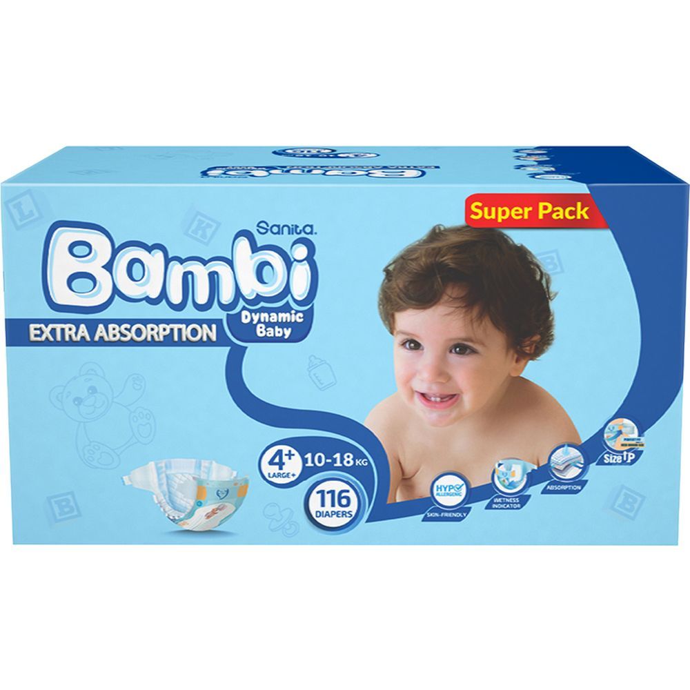 Sanita Bambi - Baby Diapers Super Pack Size 4+ Large plus 10-18 KG 116 Count