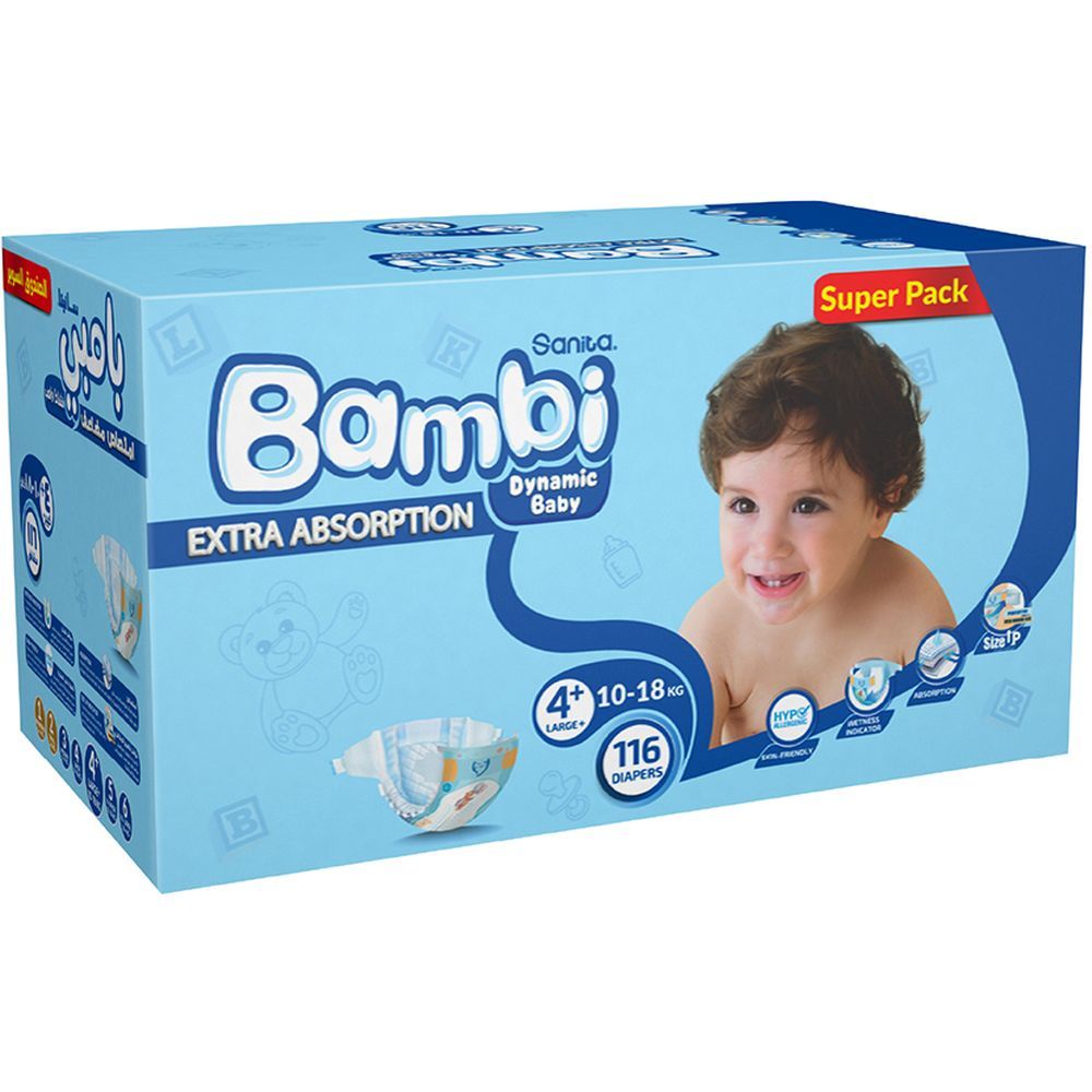 Sanita Bambi - Baby Diapers Super Pack Size 4+ Large plus 10-18 KG 116 Count