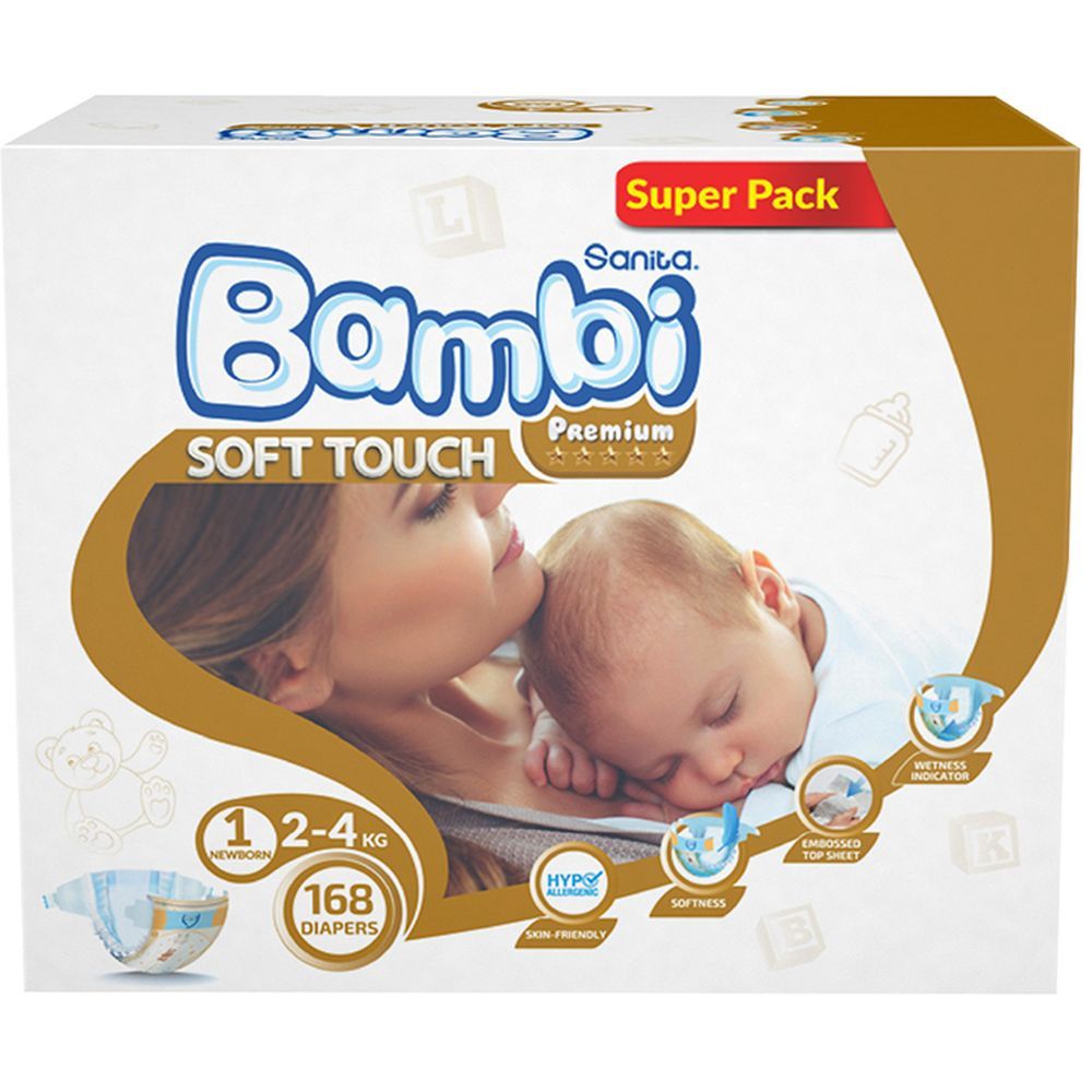 Sanita Bambi - Baby Diapers Super Pack - Size 1 - New Born - 2-4 Kg - 168 Pcs