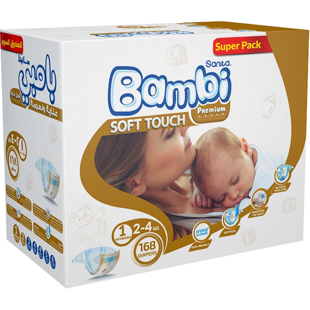 Sanita Bambi - Baby Diapers Super Pack - Size 1 - New Born - 2-4 Kg - 168 Pcs