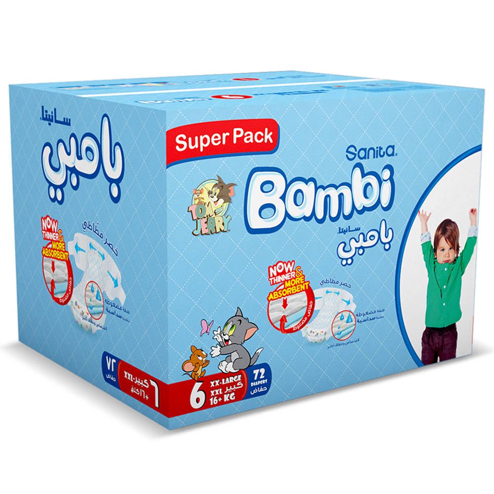 Sanita Bambi - Baby Diapers Super Pack - Size 6 - XX Large - 16 Kg - 72 Pcs