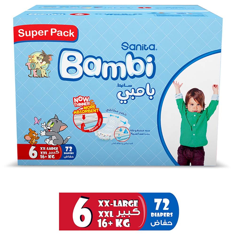 Sanita Bambi - Baby Diapers Super Pack - Size 6 - XX Large - 16 Kg - 72 Pcs