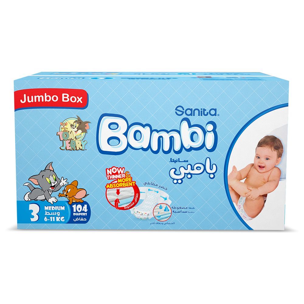 Sanita Bambi - Baby Diapers Jumbo Box Size 3, Medium, 6-11 KG, 104 Count