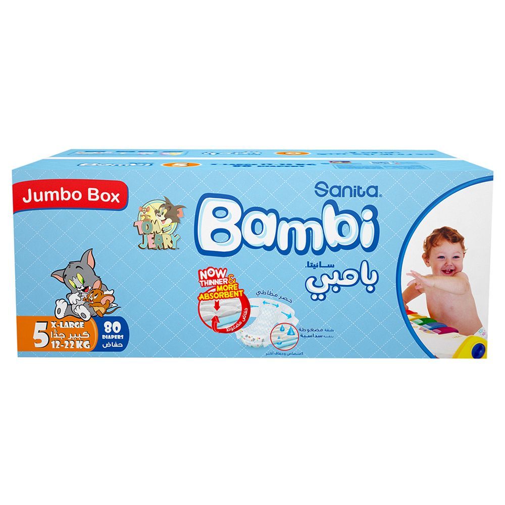 Sanita Bambi - Baby Diapers Jumbo Box Size 5, X-Large, 12-22 KG, 80 Count