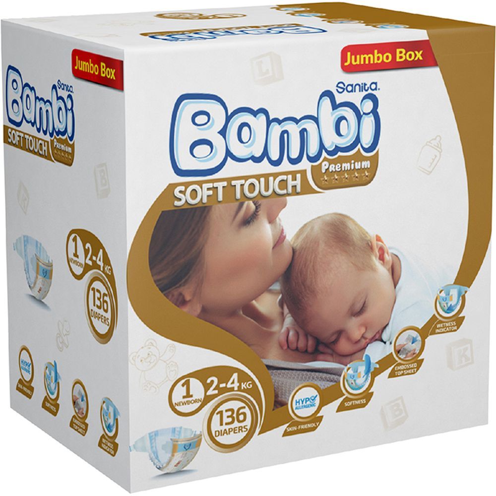 Sanita Bambi - Baby Diapers Jumbo Box - Size 1 - New Born - 2-4 Kg - 136 Pcs