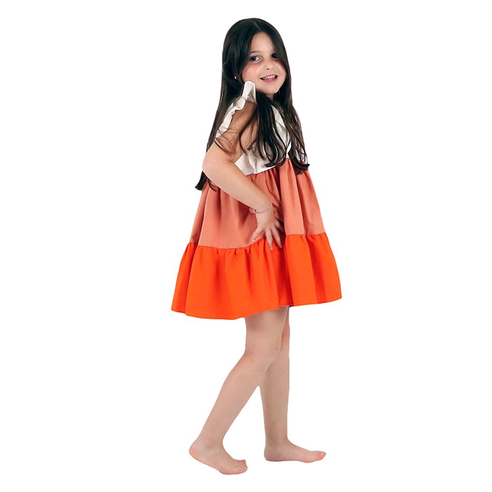 Oh9Shop - 3 Tiered Color Blocking Kids Dress - Orange