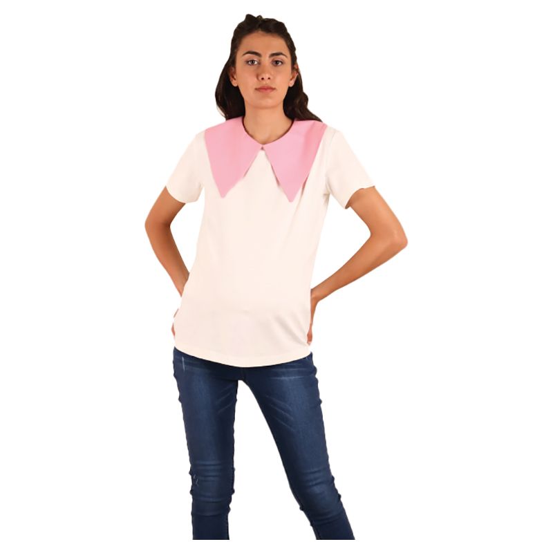 Oh9shop - Celia T-shirt with Pink Collar - White