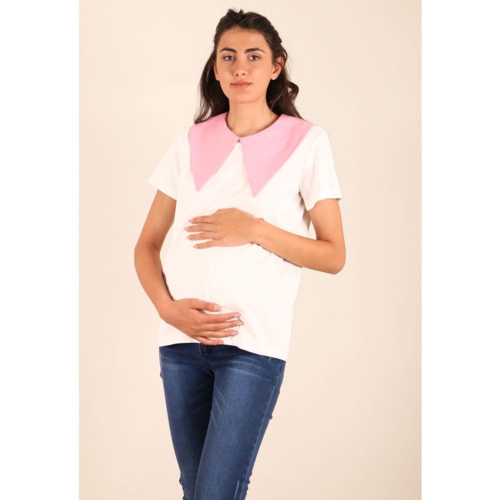 Oh9shop - Celia T-shirt with Pink Collar - White