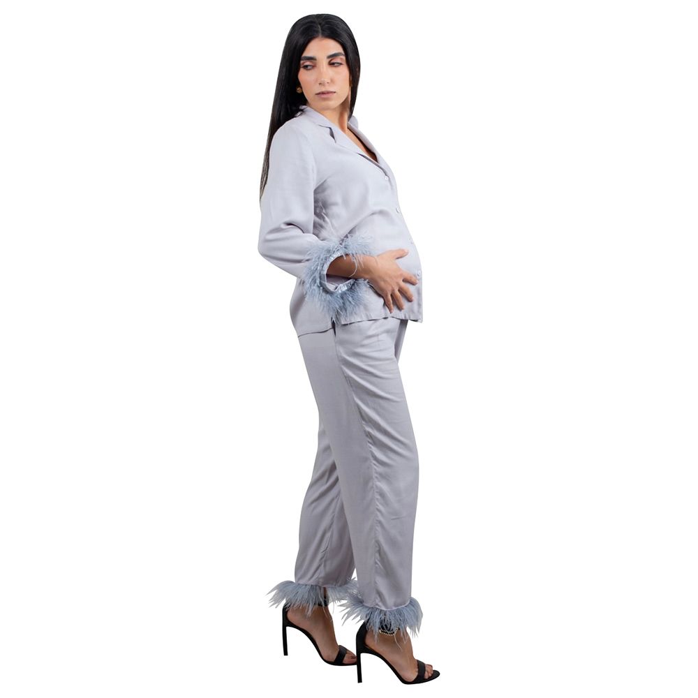 Oh9shop - 2pc-Set - Grey Set With Feather Detail