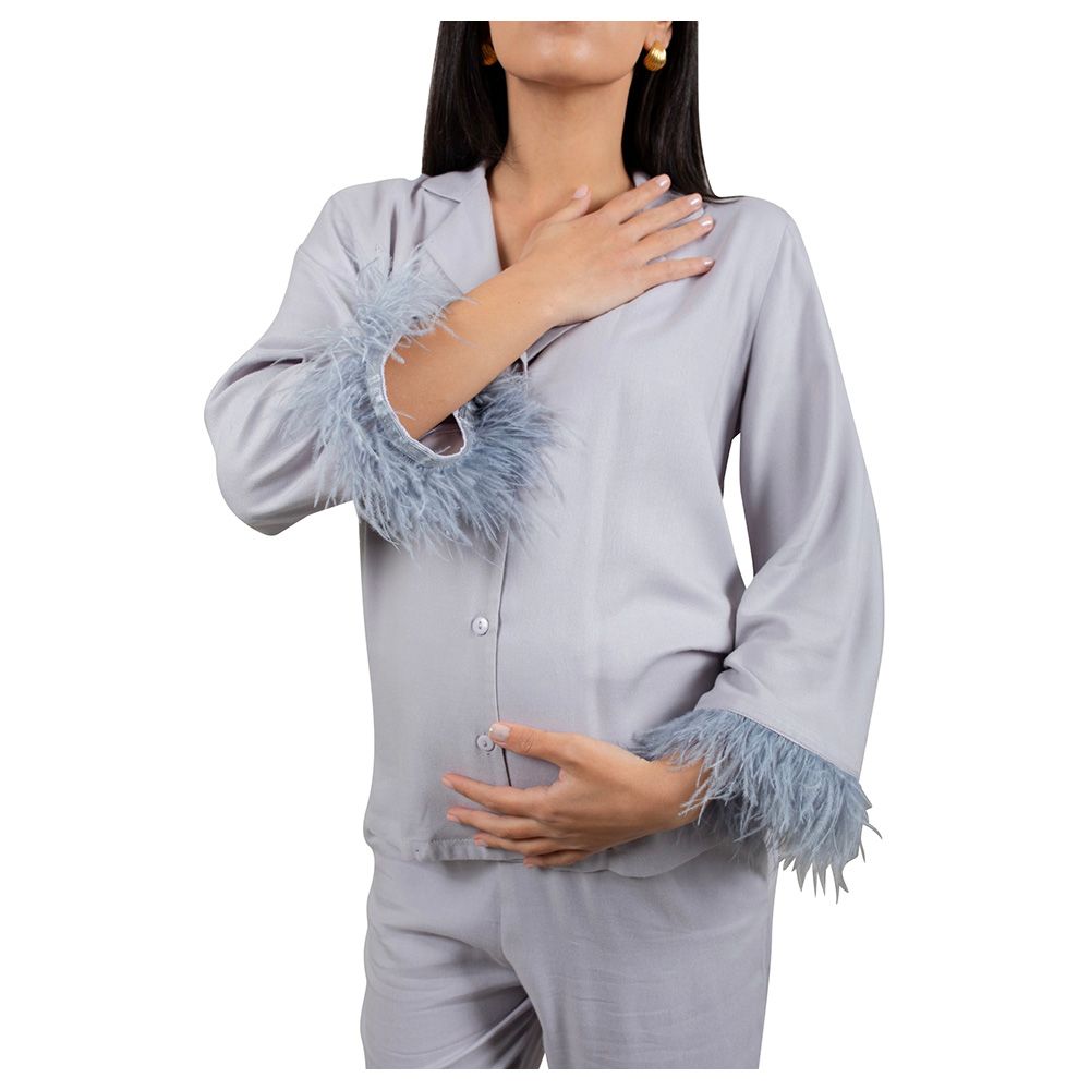 Oh9shop - 2pc-Set - Grey Set With Feather Detail