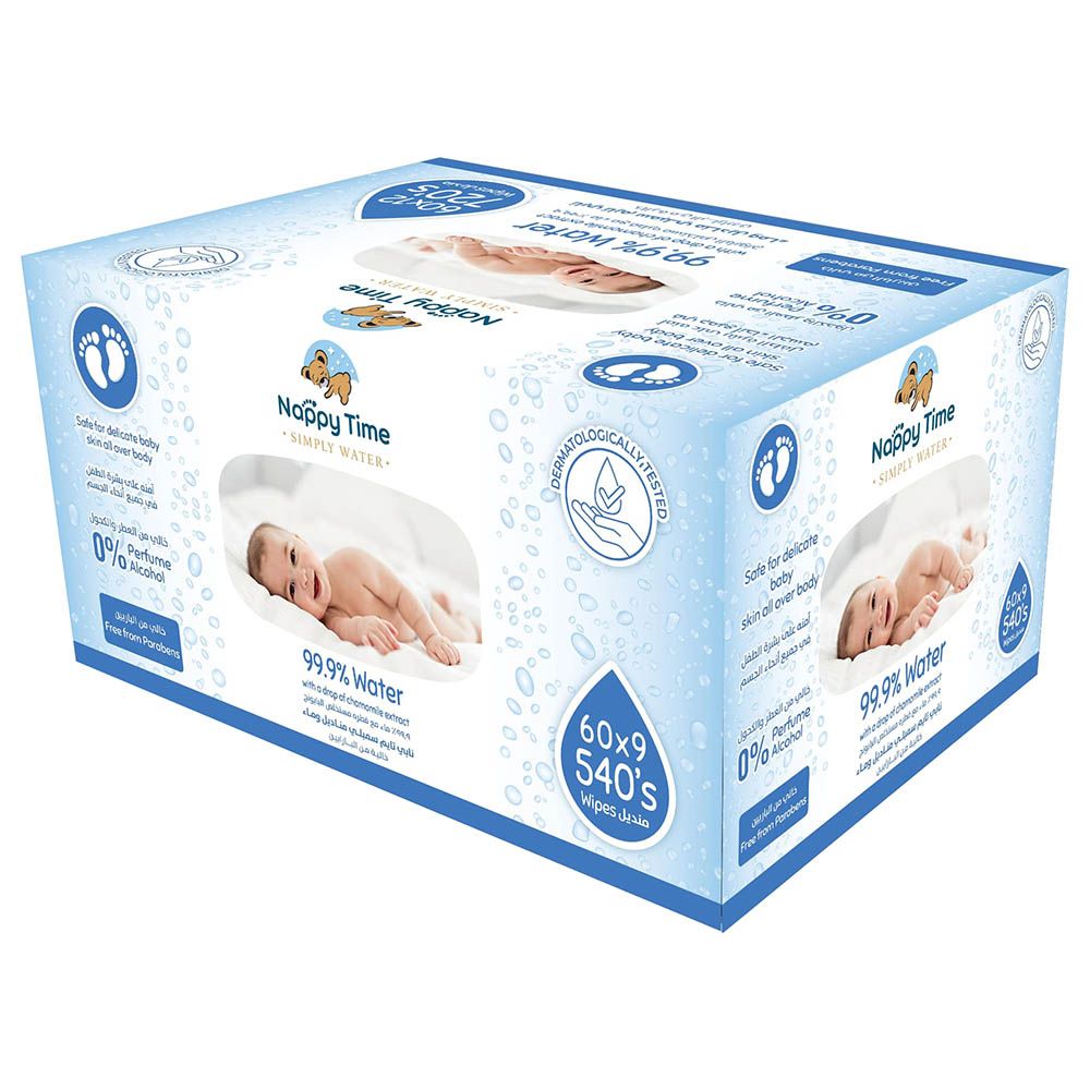 Nappy Time - Baby Wipes 99.9% Pure Water With Chamomile - Pack of 9 - 540 Wipes