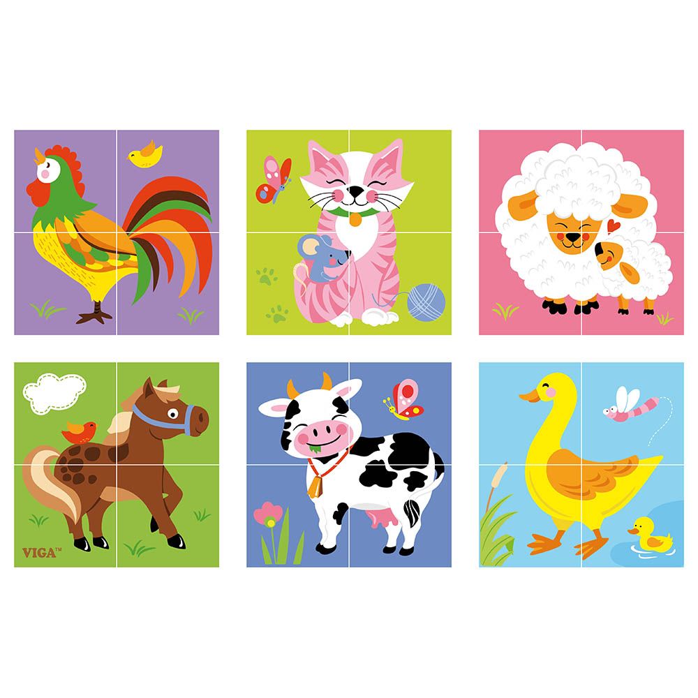 Viga - 4 Pcs 6-Side Cube Puzzle - Farm Animals