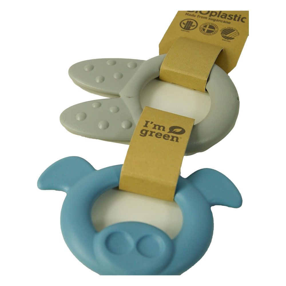 Dantoy - Bioplastic Tiny Teether Ring - Rabbit & Pig - Blue/Grey