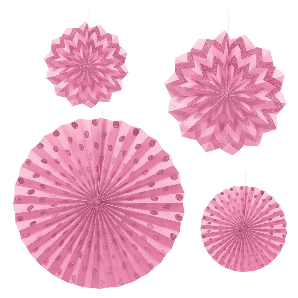 Amscan - New Dots & Chevron Glitter Paper Fans 4pcs - Pink