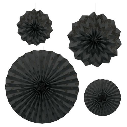 Amscan - Glitter Paper Fans 4pcs - Jet Black