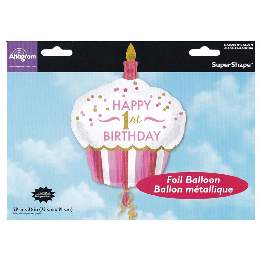 1st Birthday Cupcake Girl Holographic Balloon