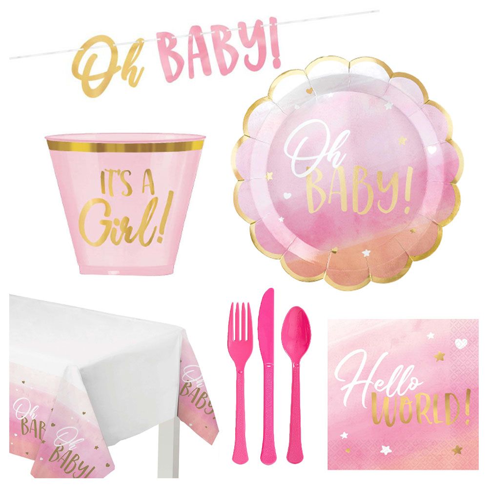 Party Center - Oh Baby Girl Tableware Supplies For 8 Guests