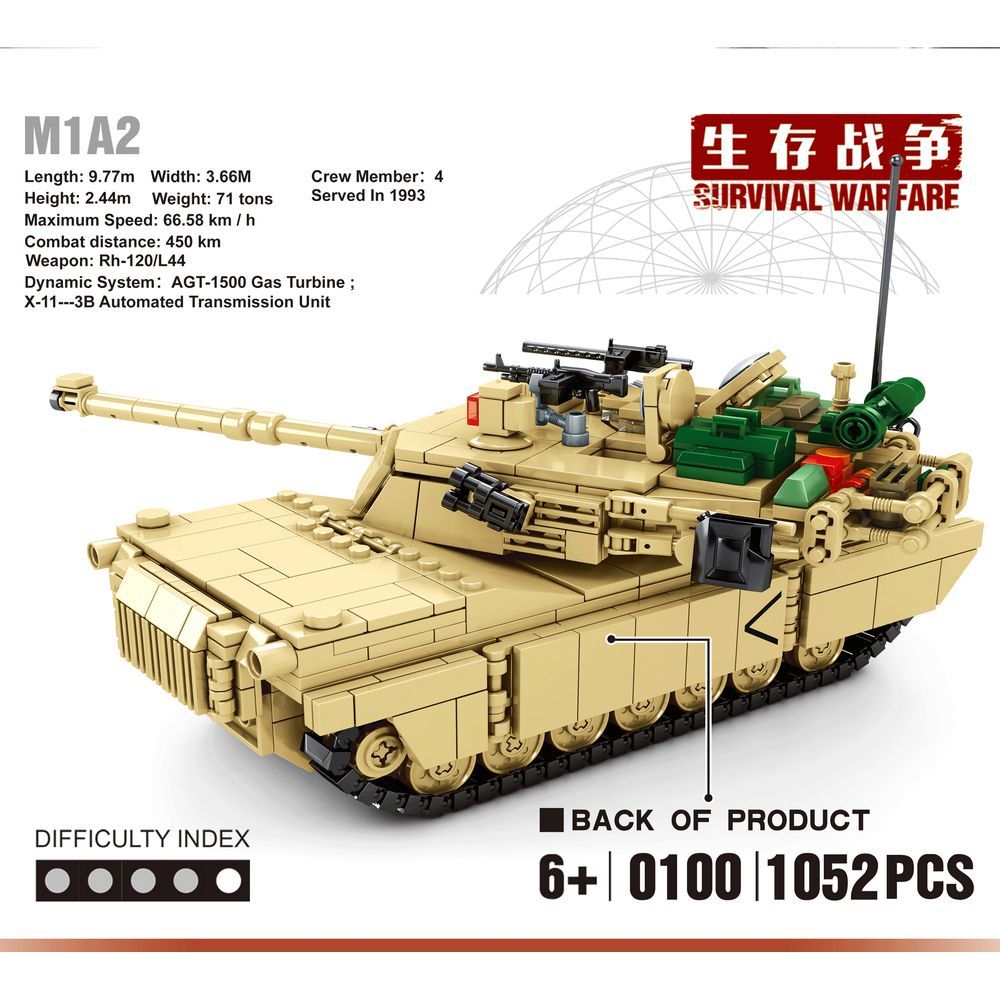 Sembo 0100 - Abrams  M1A2 - Battle Tank -1052Pcs - Desert Yellow