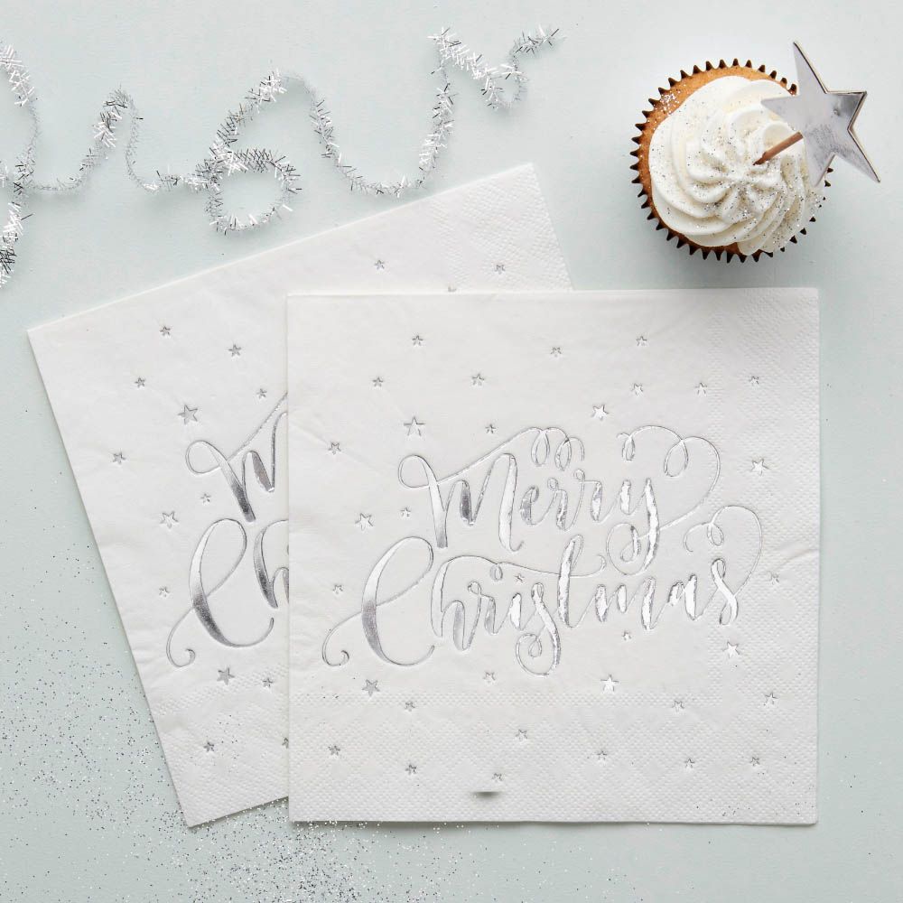 Ginger Ray - Metallic Star Merry Christmas Foiled Napkins -20pcs - Silver