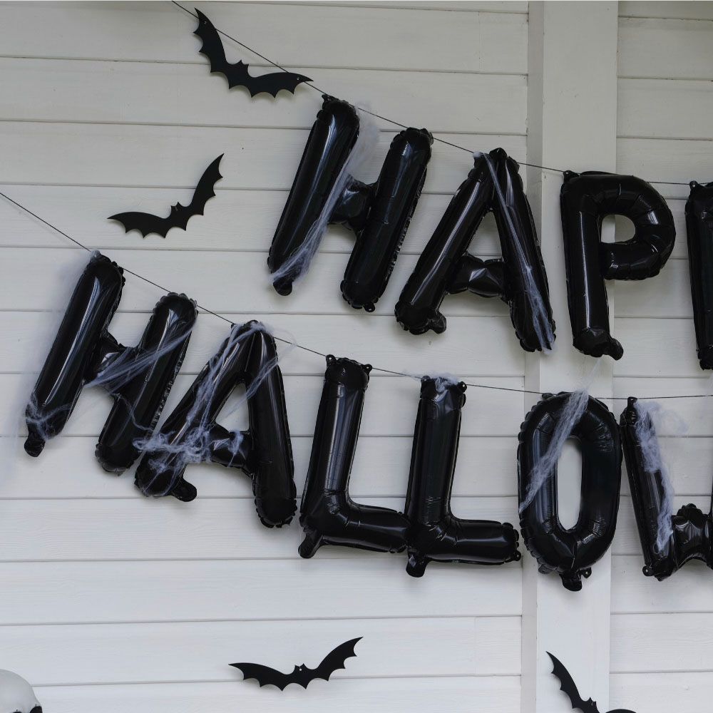 Ginger Ray - Happy Halloween Balloon Bunting w/ Webs & Hanging Bats - Black