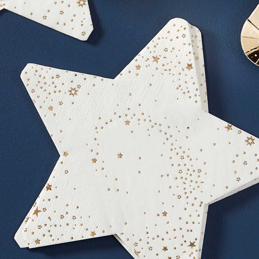 Ginger Ray - Pop The Bubbly Star Shaped Paper Napkins -16pcs - White/Gold