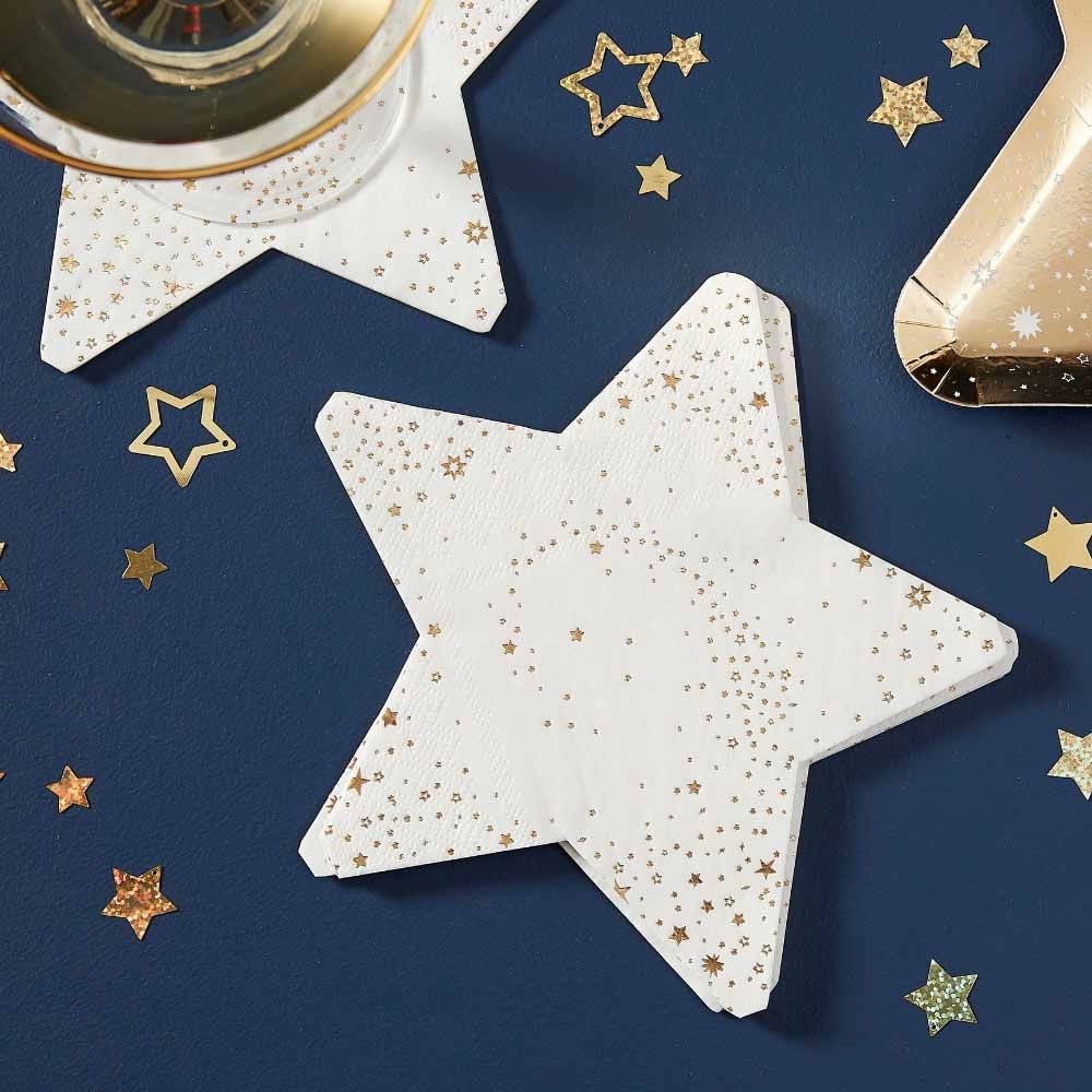 Ginger Ray - Pop The Bubbly Star Shaped Paper Napkins -16pcs - White/Gold