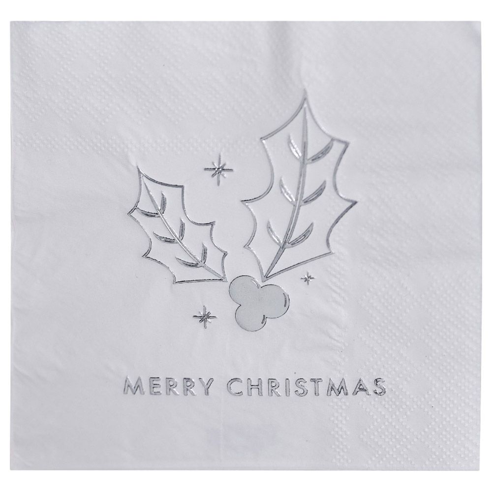 Ginger Ray - Merry Christmas Holly Paper Napkins -16pcs - Silver