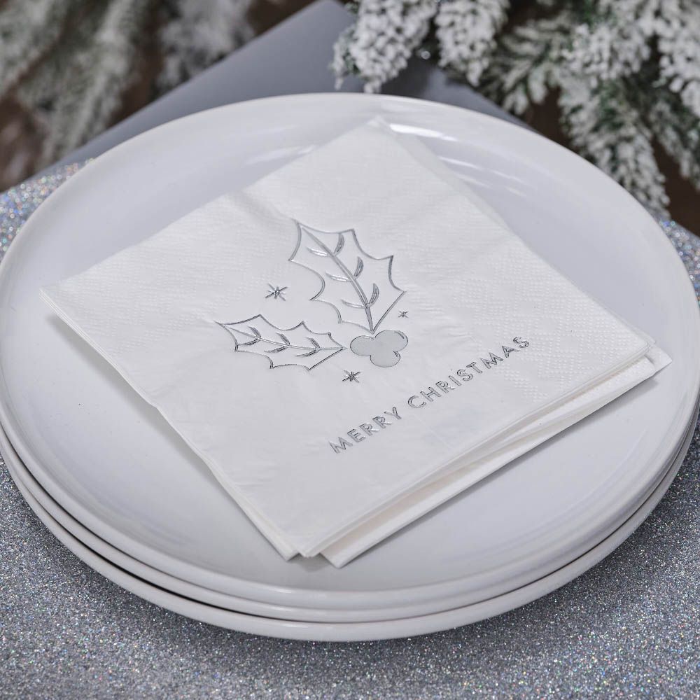 Ginger Ray - Merry Christmas Holly Paper Napkins -16pcs - Silver