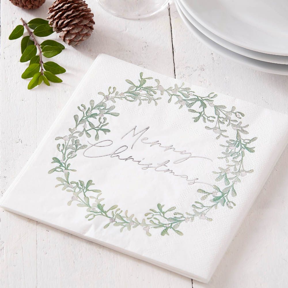 Ginger Ray - Merry Christmas Mistletoe Wreath Napkin -16pcs