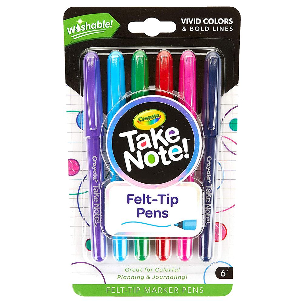 Crayola - Take Note Washable Felt Tip Pens, Pack of 6