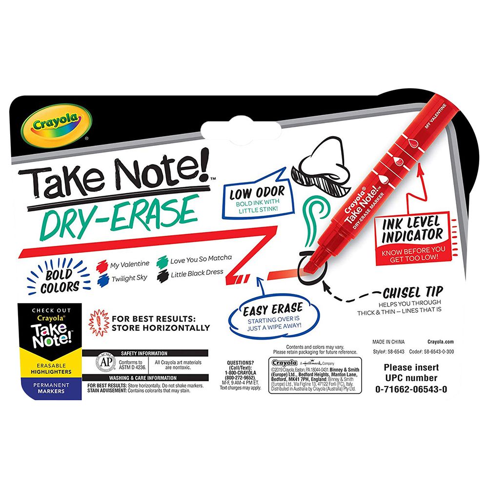 Crayola - Take Note Colored Dry Erase Markers, Pack of 4