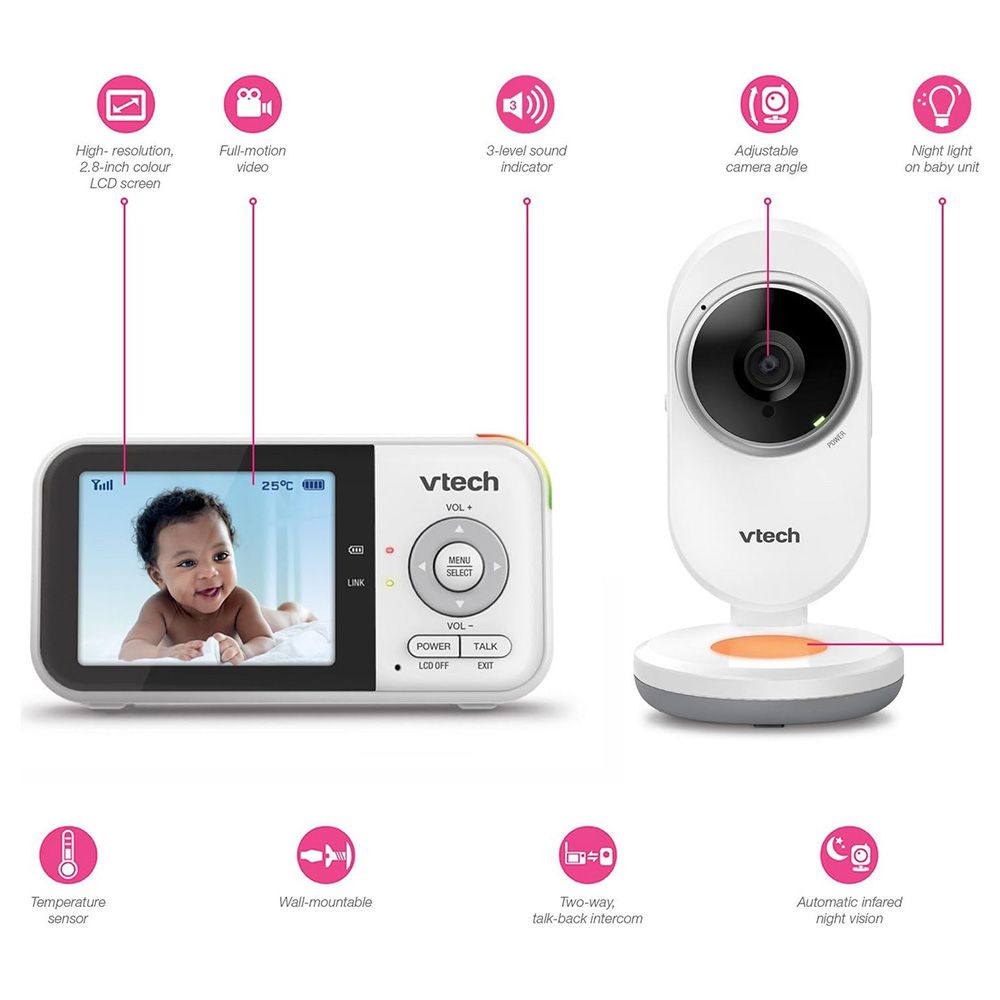 Vtech - 270p Fix Cam Video Baby Monitor with Night Light 2.8-inch - White