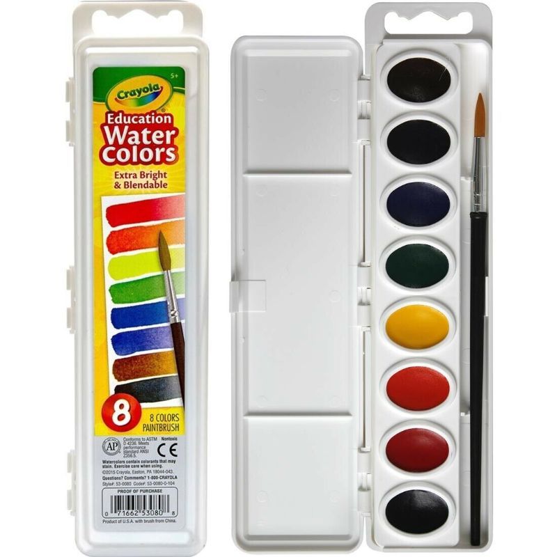 Crayola - 8 Semi-Moist Oval Watercolor Pans - 1 Taklon Brush