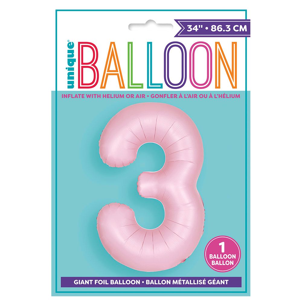 Unique - 34-inch Number "3" Foil Balloon - Matte Pink